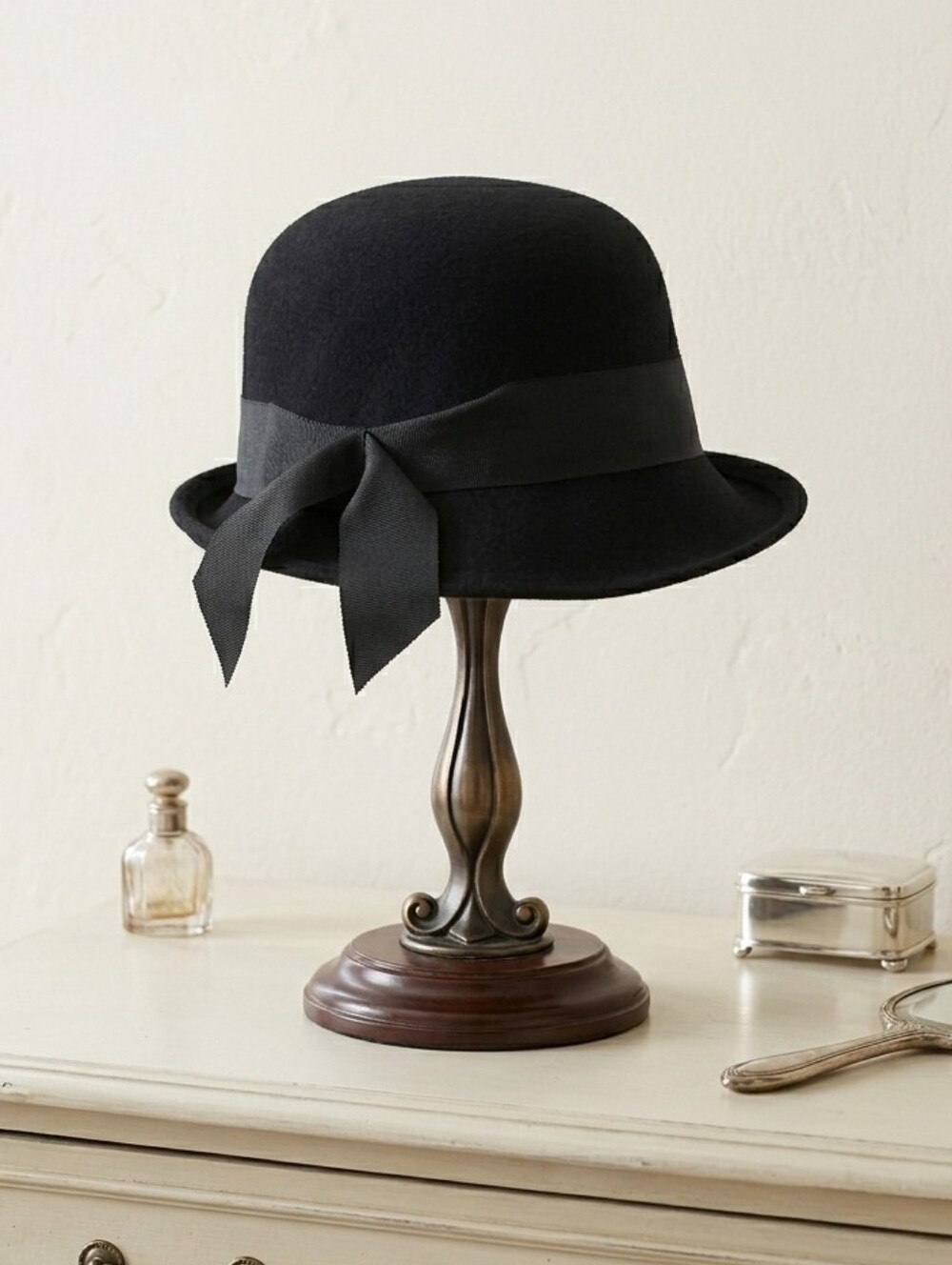 Vintage Christopher John New York Black Wool Cloche Hat Dark Academia Whimsigoth